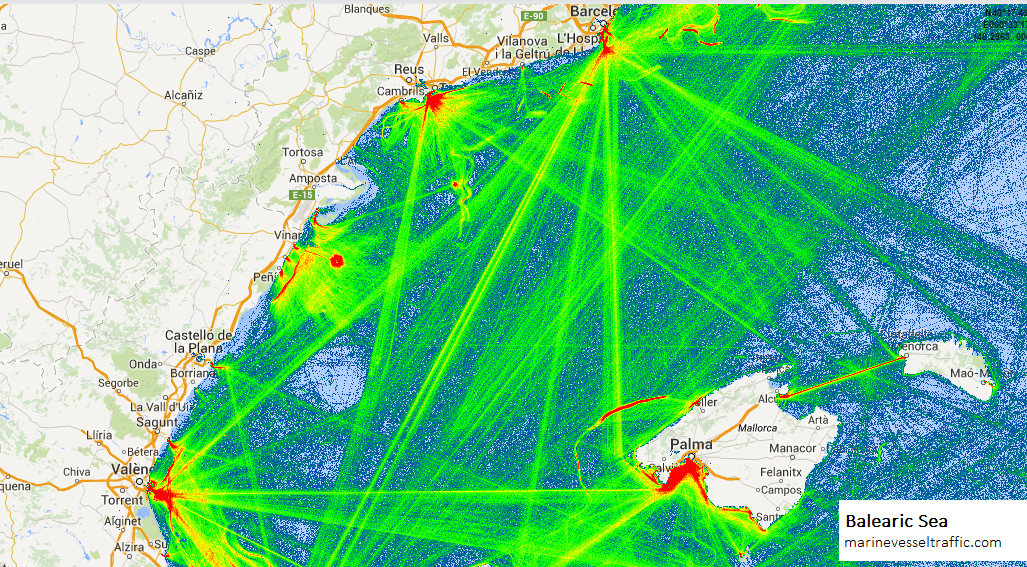 Live Marine Traffic, Density Map and Current Position of ships in BALEARIC SEA